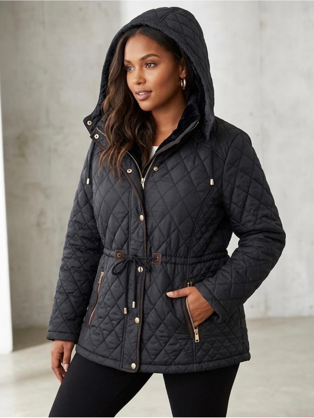 Haute Monde Black Quilted Hooded Puffer Jacket